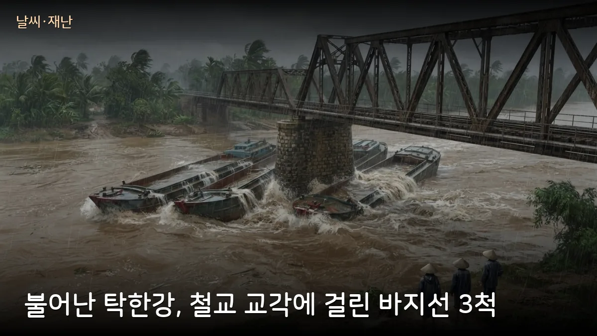 꽝찌 탁한강 긴급 홍수경보·남북철도 미짜인 철교에 바지선 3척 — 중부 이동 재검토 필요