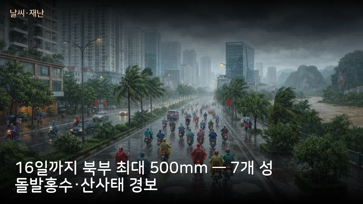 16일까지 북부 전역 최대 500mm 폭우 — 7개 성 돌발홍수·산사태 위험, 하노이·사파·하롱 일정 점검