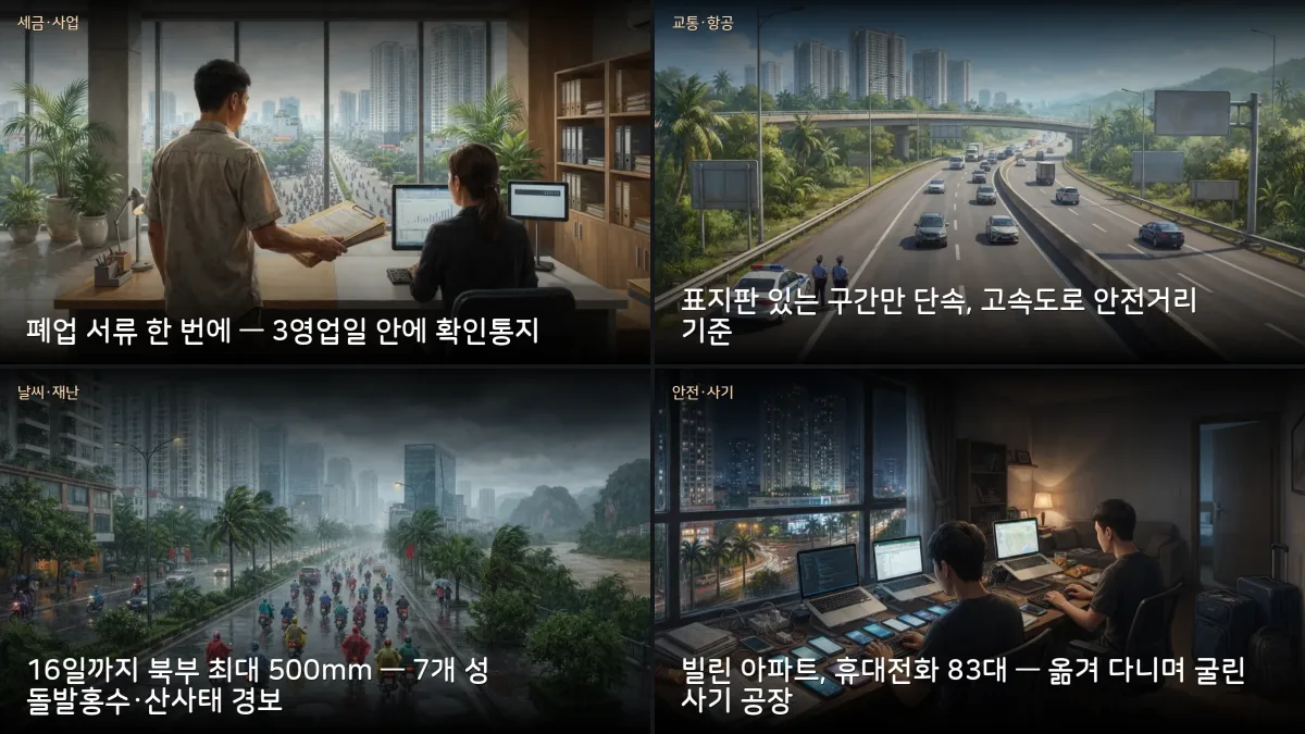 북부 최대 500mm 폭우·폐업 세금코드 29만 곳·호찌민 과오납 15일 시한