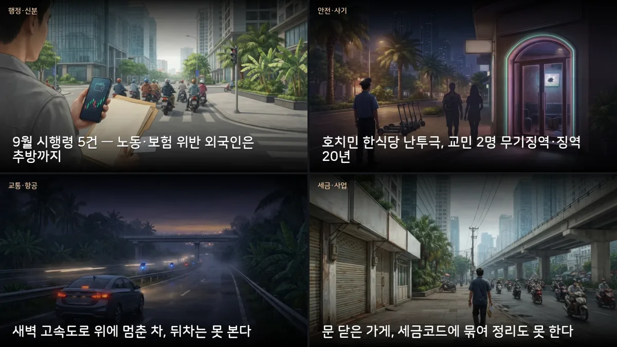9월 4일 베트남 소식 — 한식당 사망사건 1심 선고, 체납 시 출국정지, EVN 사칭 앱
