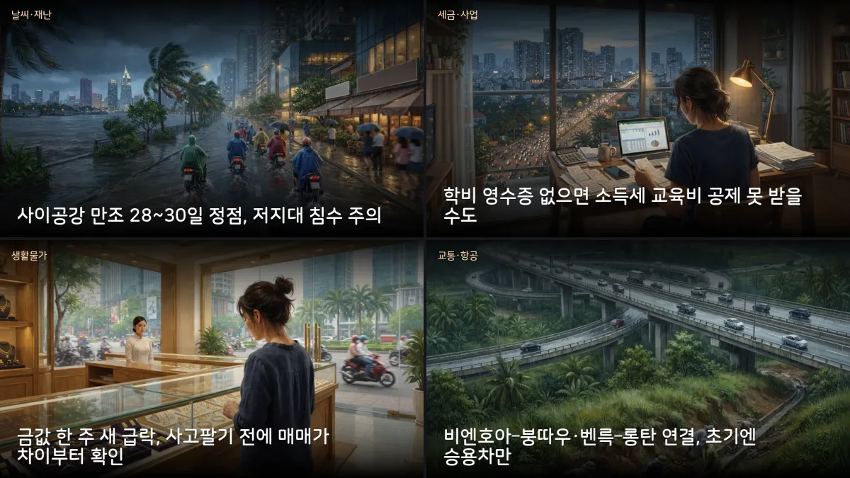 9월 27-28일 베트남 소식 — 호찌민 만조·폭우, 학비 공제는 영수증 필수, 금값 하락