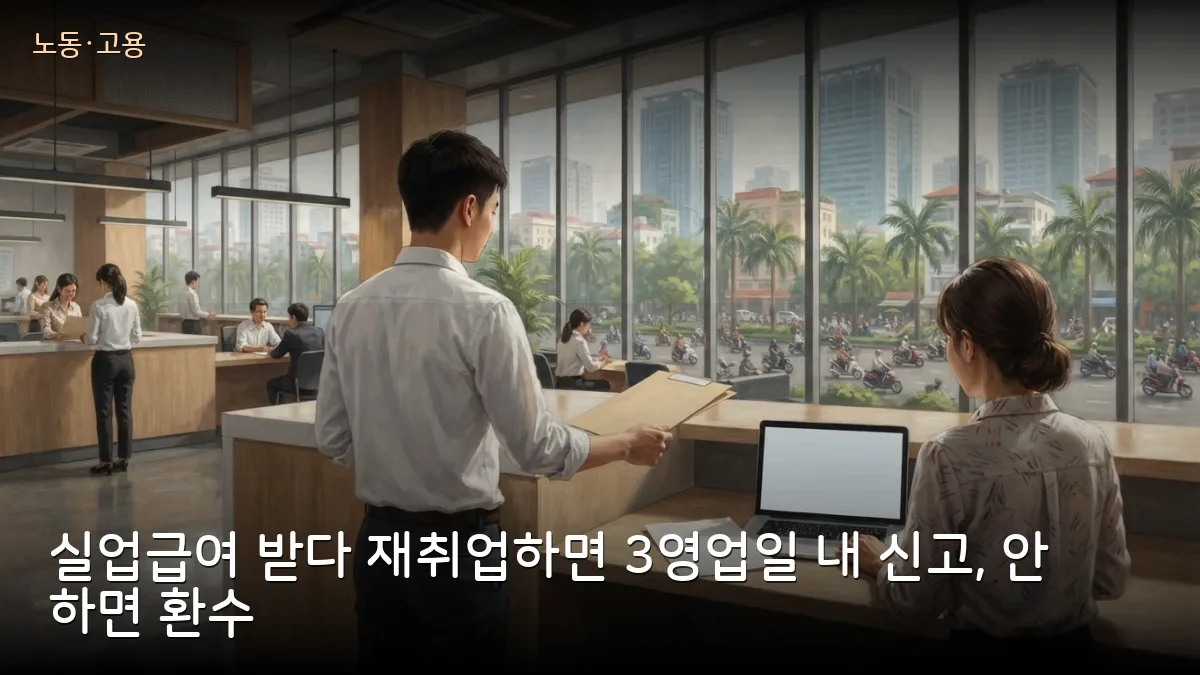 실업급여 받다 재취업하면 3영업일 내 신고해야… 미신고 시 환수·과태료, 고용주도 30일 내 보험 가입
