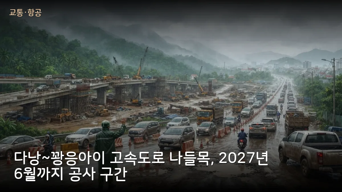 다낭~꽝응아이 고속도로 14B 나들목 공사 구간 정체, 차로 이동할 땐 시간 여유를