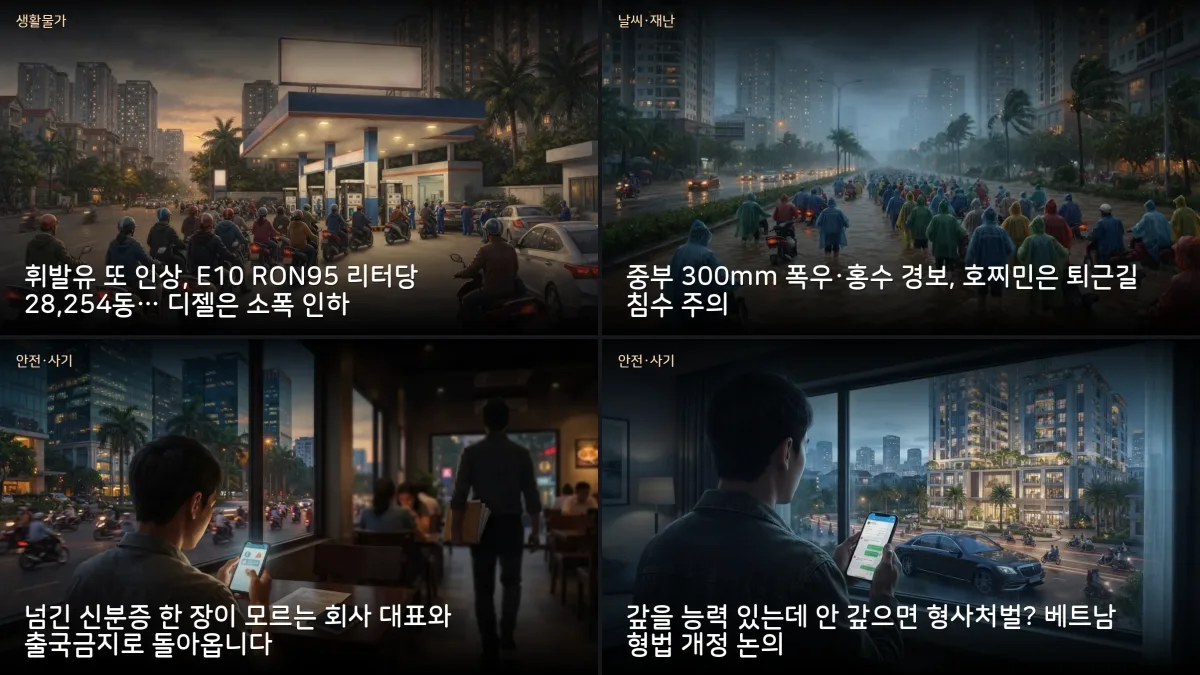 10월 8-9일 베트남 소식 — 휘발유 28,254동 인상·중부 300mm 폭우·명의도용 법인 4,000건