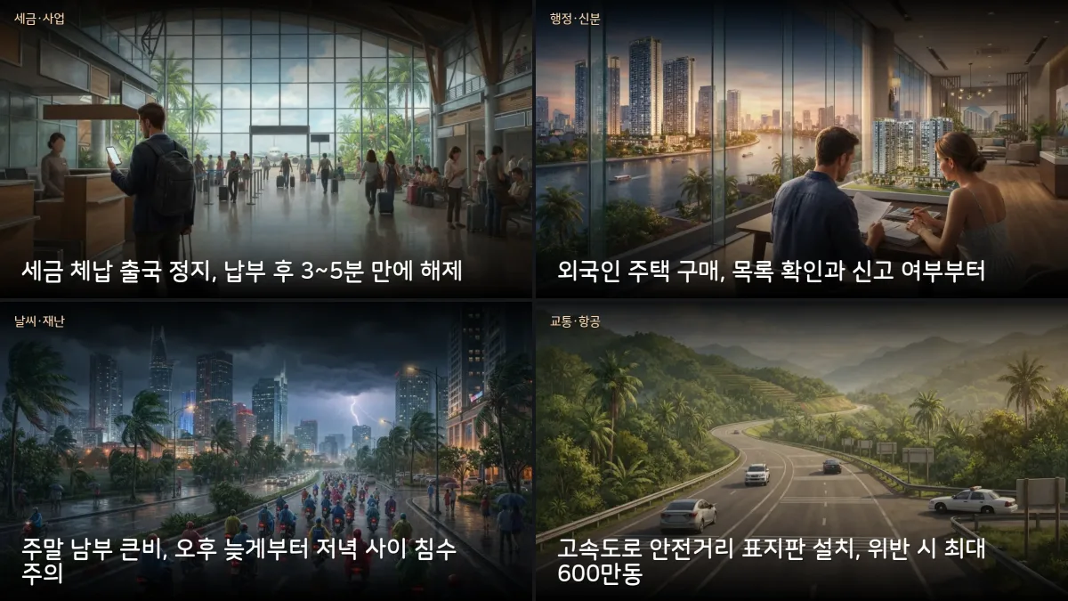 10월 16-17일 베트남 소식 — 체납 출국금지 해제 절차, 남부 주말 큰비, 고속도로 안전거리 단속