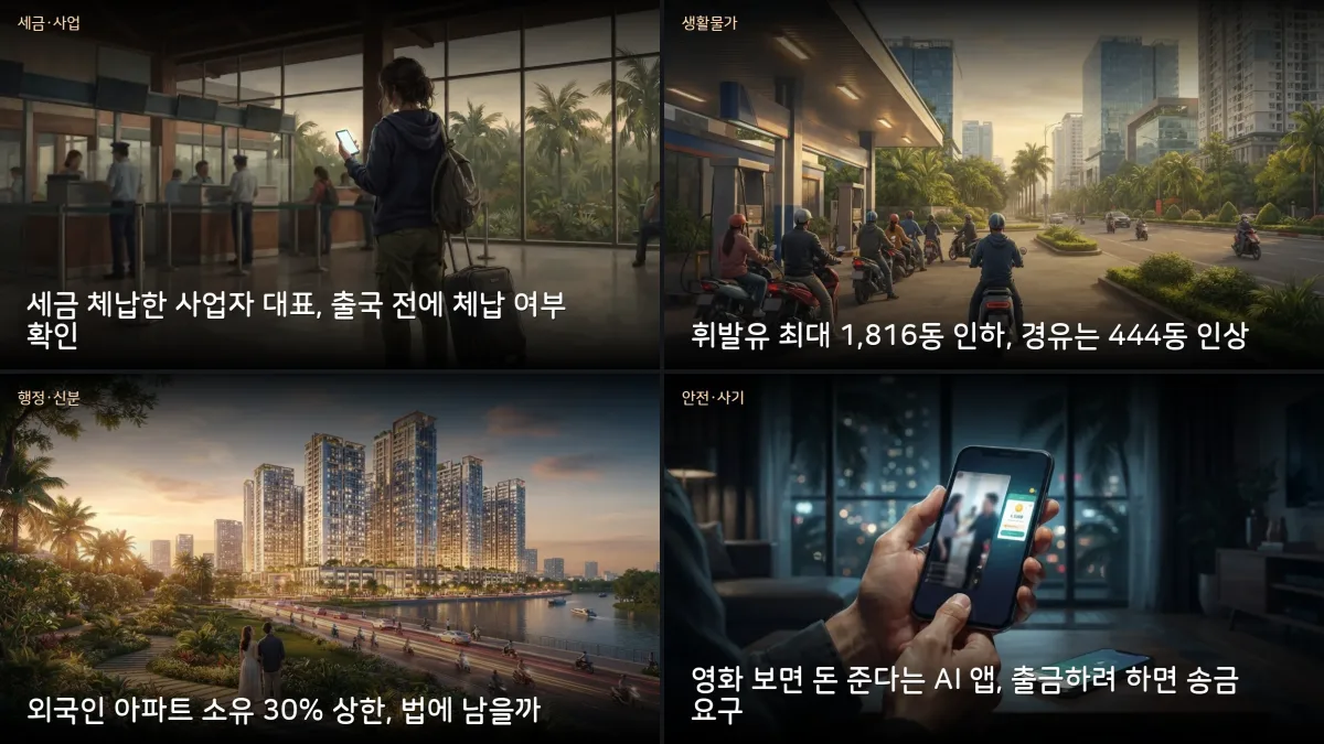 10월 22-23일 베트남 소식 — 휘발유 1,816동 인하·체납 대표 출국정지·AI 앱 사기 경고